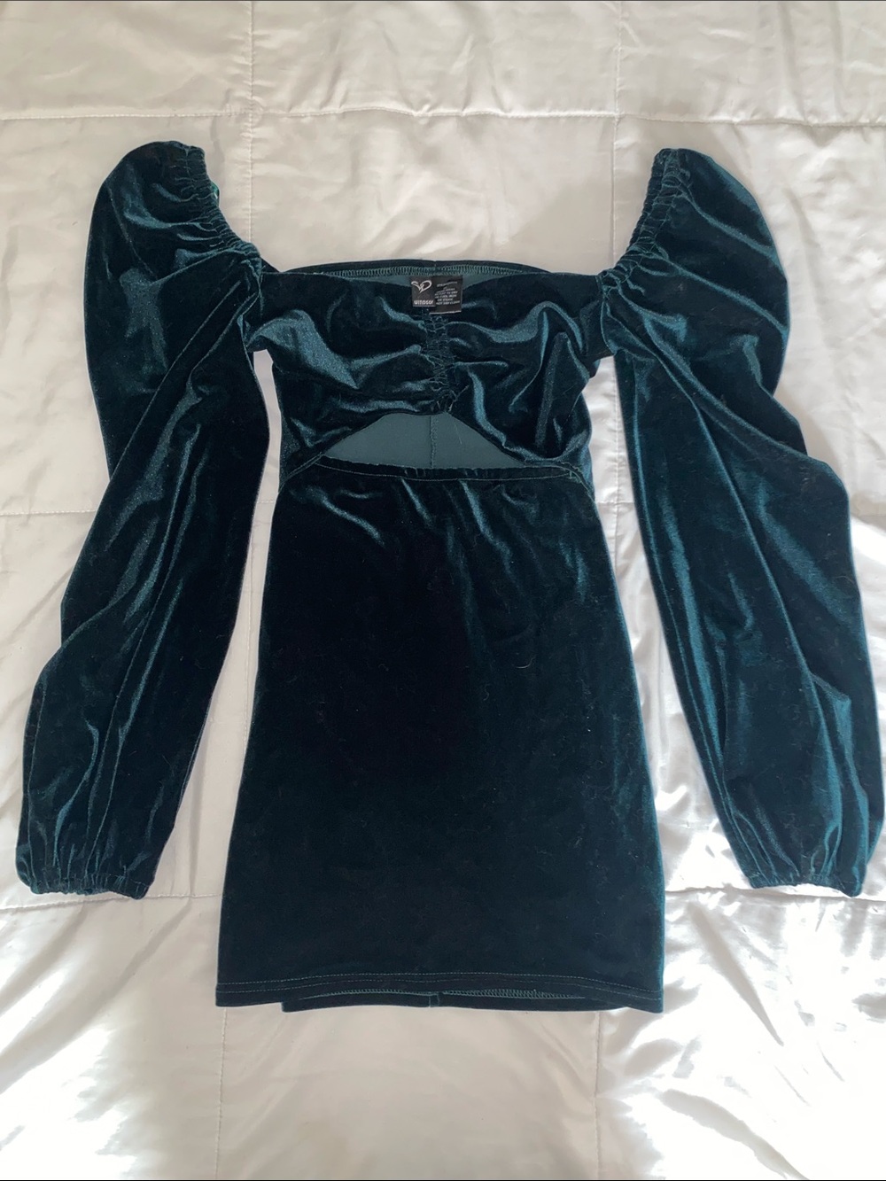 Velvet Puff-Sleeve Bodycon Dress in Deep Teal